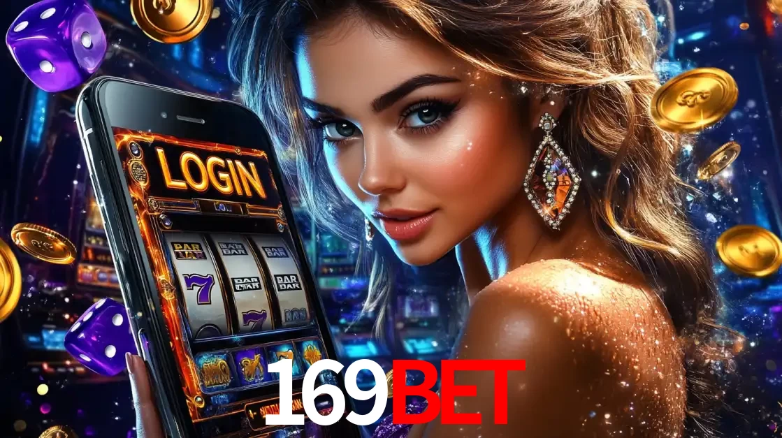 Mulher glamorosa segurando um smartphone com a tela de login para os jogos de caça-níqueis do cassino online 169BET, com moedas de ouro e dados ao redor.