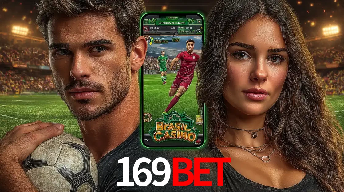 Homem segurando uma bola de futebol e uma mulher ao lado de um smartphone exibindo o jogo de apostas esportivas da 169BET. Faça seu palpite no cassino online.